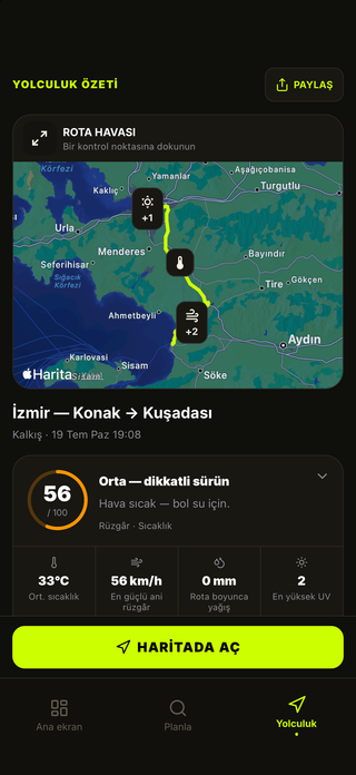Rota koşulları, tehlikeler ve ekipman önerilerini gösteren MotoMeteo sürüş özeti