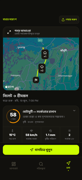 পথের আবহাওয়ার মানচিত্র ও যাত্রার সারাংশ