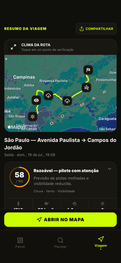 Mapa do clima da rota e resumo do passeio