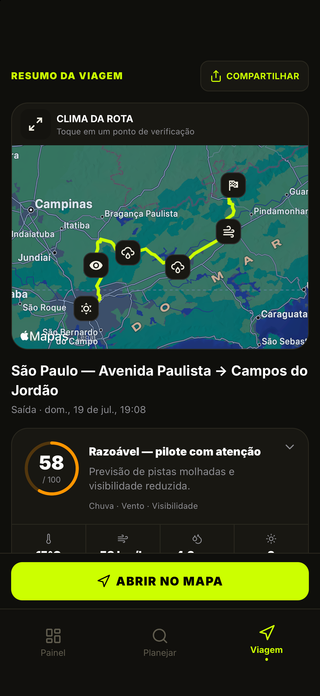 Mapa do clima da rota e resumo do passeio