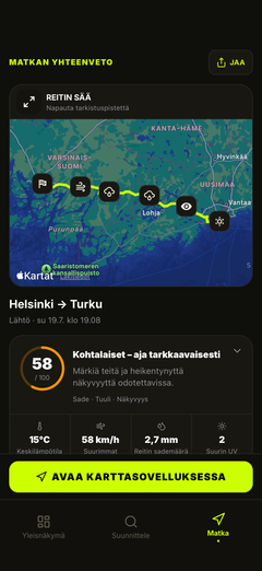 Reitin sääkartta ja matkan yleiskuva