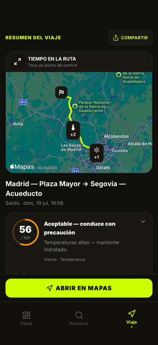 Resumen de MotoMeteo con las condiciones de la ruta, riesgos y recomendaciones de equipamiento
