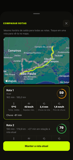 Compare clima, distância e tempo de pilotagem