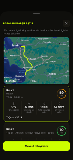 Rota havasını, mesafeyi ve sürüş süresini karşılaştırın