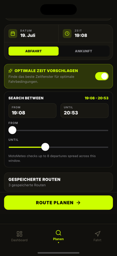 Lege den Suchzeitraum für die optimale Abfahrt fest