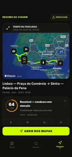 Mapa meteorológico do percurso e resumo da viagem