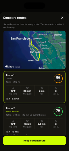 Compare route weather, distance and riding time