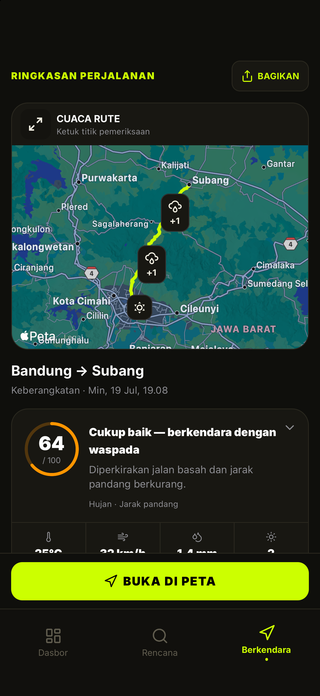 Ringkasan perjalanan MotoMeteo dengan kondisi rute, bahaya dan panduan perlengkapan