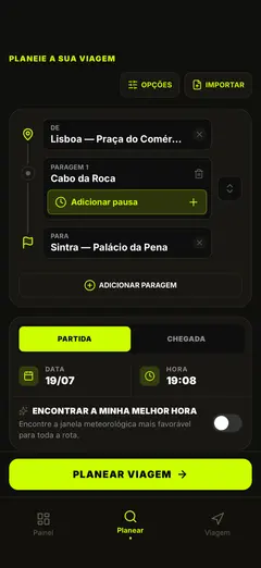 Planeie o percurso e a hora de partida