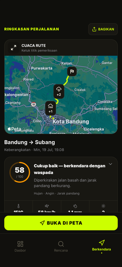 Peta cuaca rute dan ringkasan perjalanan