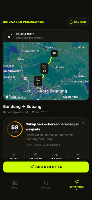 Peta cuaca rute dan ringkasan perjalanan