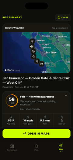 Route weather map and ride overview