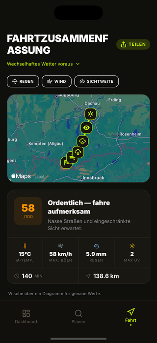 Wetterdetails an Wegpunkten entlang deiner Route