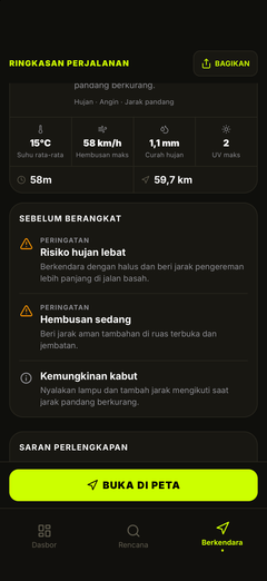 Peringatan bahaya — angin, silau, es