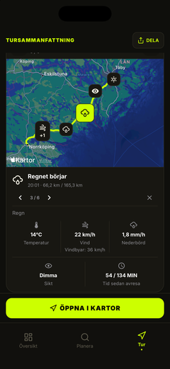 Väderdetaljer vid ruttens kontrollpunkter