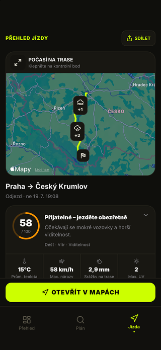 Mapa počasí na trase a přehled jízdy