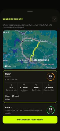 Bandingkan cuaca rute, jarak, dan waktu berkendara