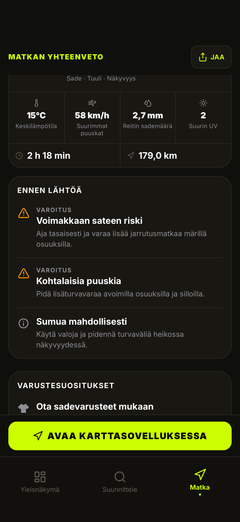 Ajajan varoitukset – tuuli, häikäisy, jää