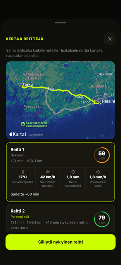 Vertaa reitin säätä, matkaa ja ajoaikaa