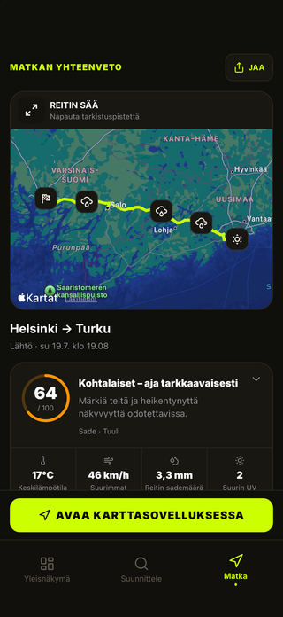 MotoMeteon ajomatkayhteenveto näyttää reitin olosuhteet, vaaratekijät ja varustevinkit
