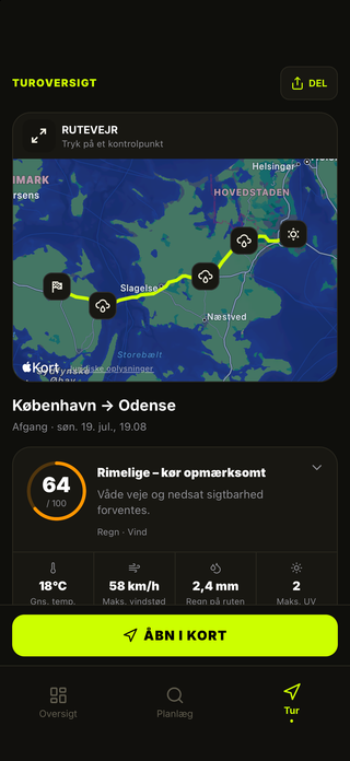 MotoMeteos turoversigt med forhold langs ruten, risici og råd om udstyr