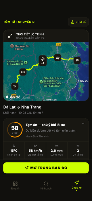 Bản đồ thời tiết và tổng quan chuyến đi
