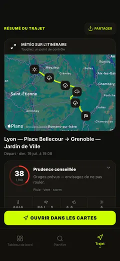 Carte météo de l’itinéraire et aperçu du trajet