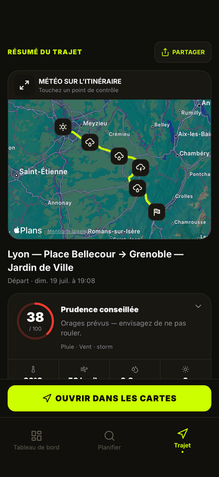 Résumé de sortie MotoMeteo avec conditions du parcours, dangers et conseils d'équipement