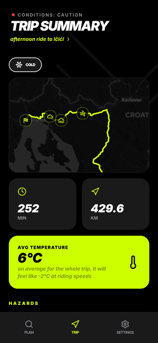 MotoMeteo ride summary with route conditions, hazards, and gear guidance