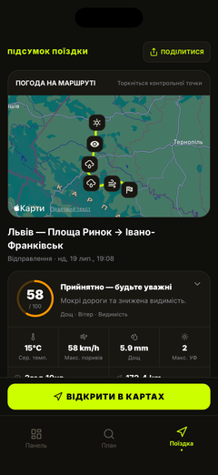 Карта погоди на маршруті та огляд поїздки