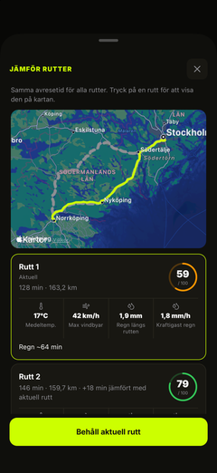 Jämför ruttväder, sträcka och körtid