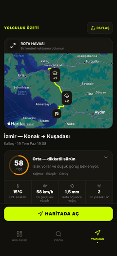 Rota hava haritası ve sürüş özeti