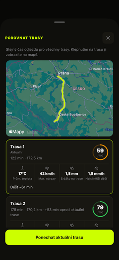 Porovnání počasí, vzdálenosti a doby jízdy