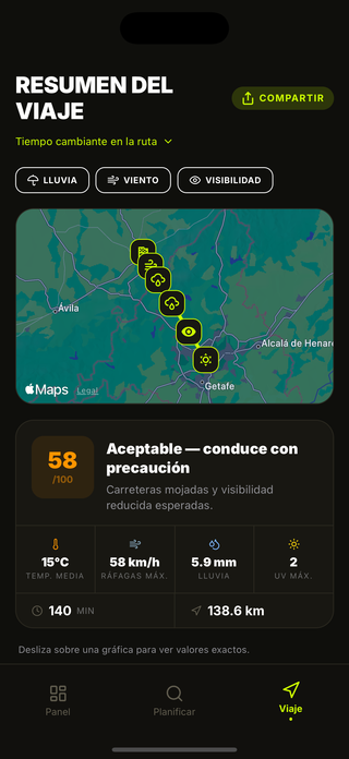 Detalles meteorológicos en cada punto de la ruta