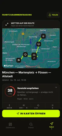Routenwetterkarte und Fahrtübersicht