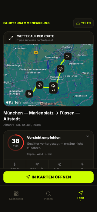 MotoMeteo-Tourübersicht mit Streckenbedingungen, Gefahren und Ausrüstungshinweisen