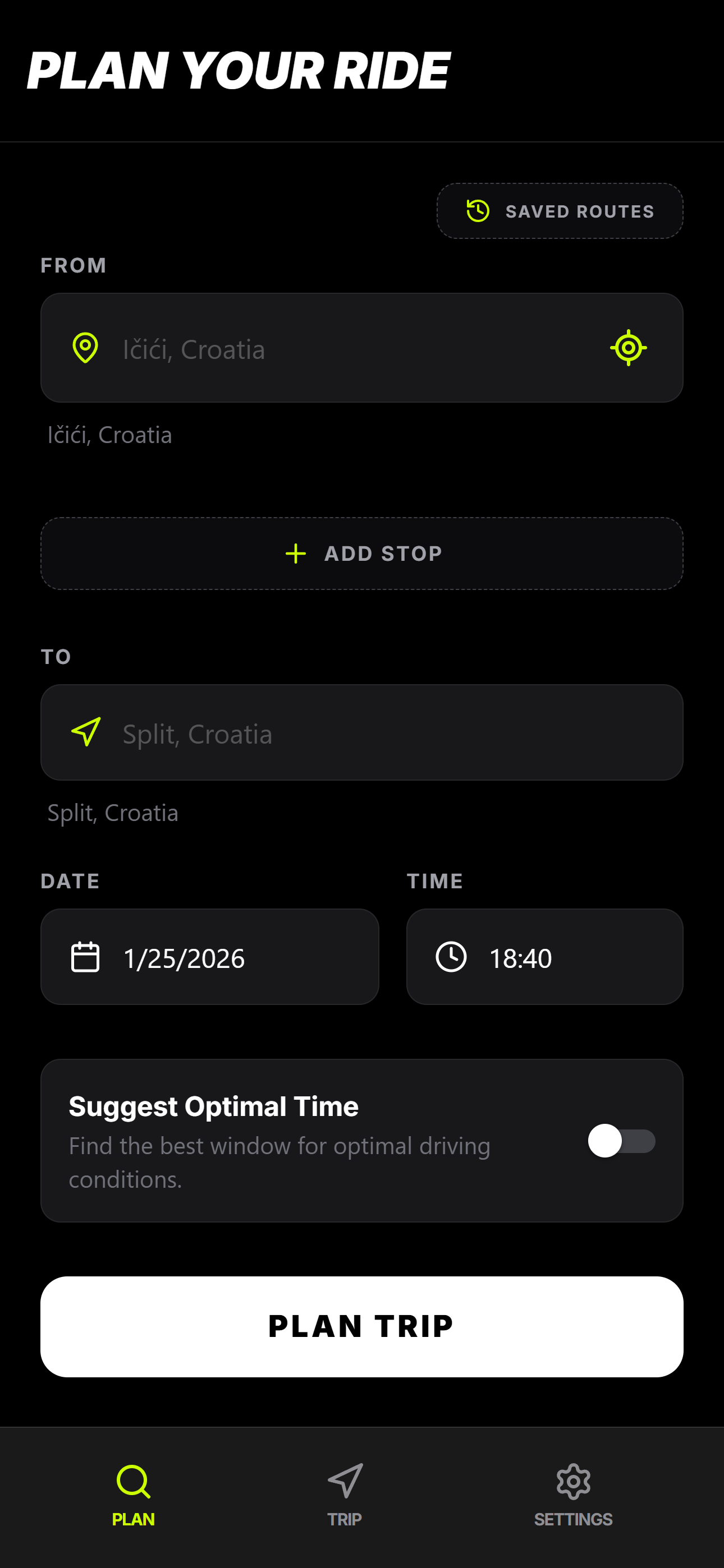 Plan your ride screen